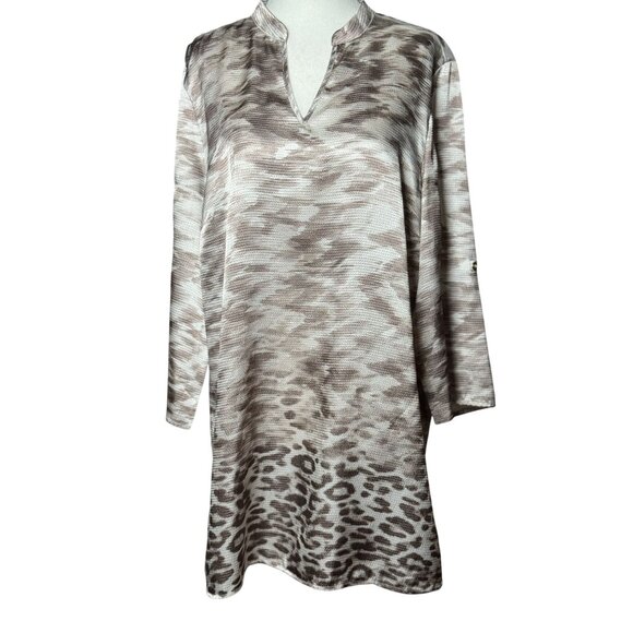 Chicos Travelers Collection Womens White Brown Tunic Slinky Size 2 Animal Print - Picture 2 of 9